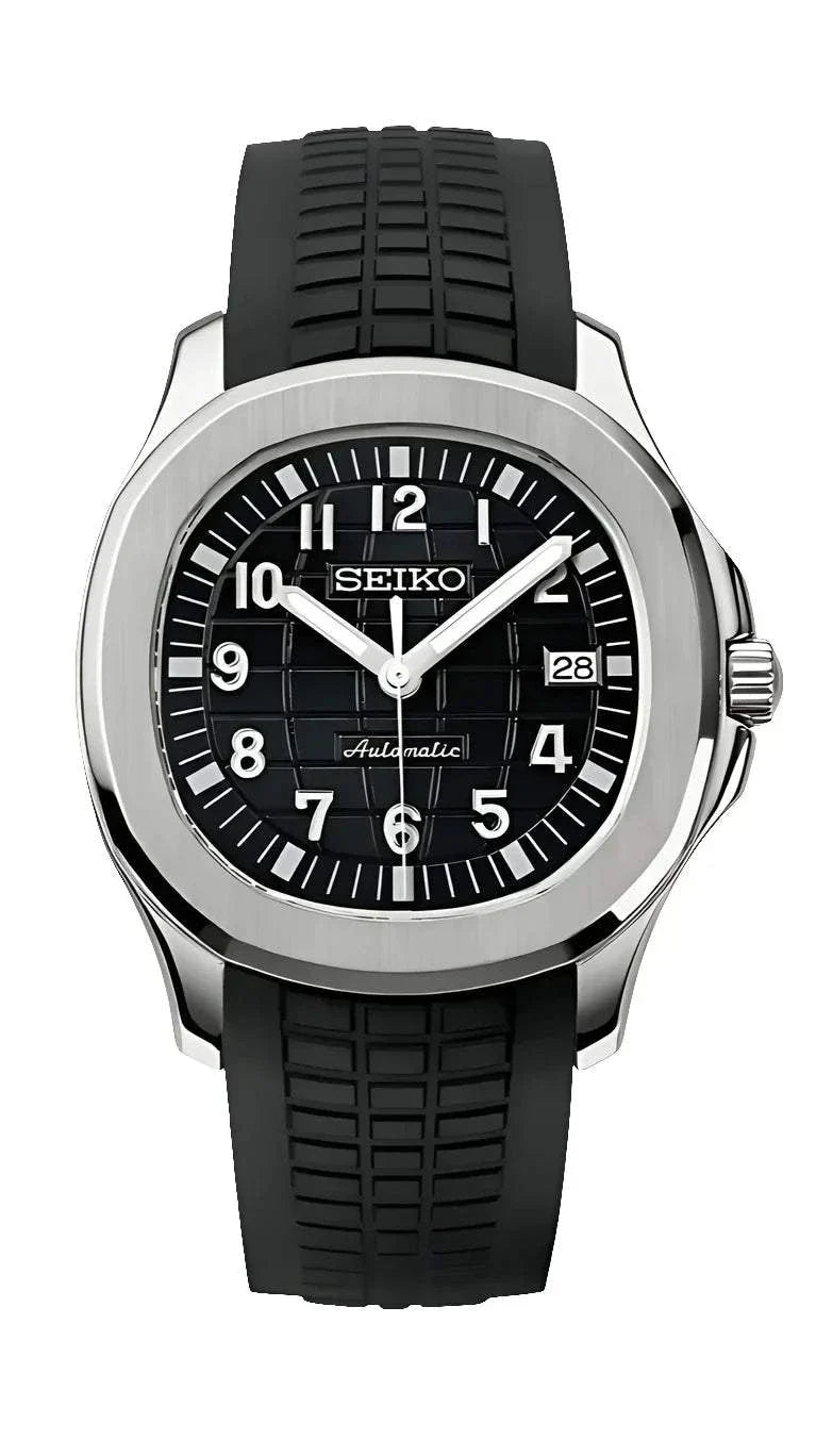 Aquanaut Watch Mod Black Edition with black dial, Seiko NH35 automatic movement, stainless steel case, black rubber strap, and sapphire crystal glass