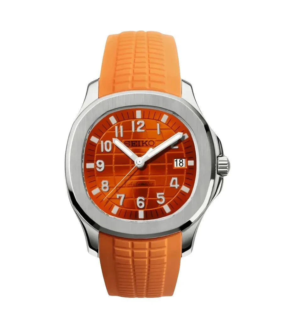 Aquanaut Watch Mod Orange Edition with orange dial and rubber strap, stainless steel case, Seiko NH35 automatic movement, and water-resistant design