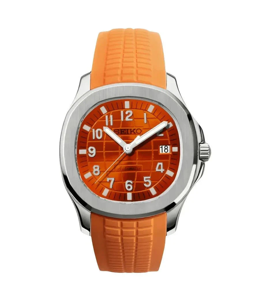 Aquanaut Watch Mod Orange Edition with orange dial and rubber strap, stainless steel case, Seiko NH35 automatic movement, and water resistance.