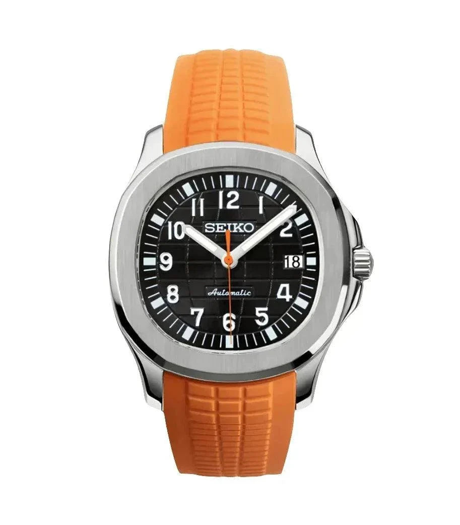 Aquanaut Watch Mod Orange Edition with Seiko NH35 movement and orange rubber strap designed for water sports.