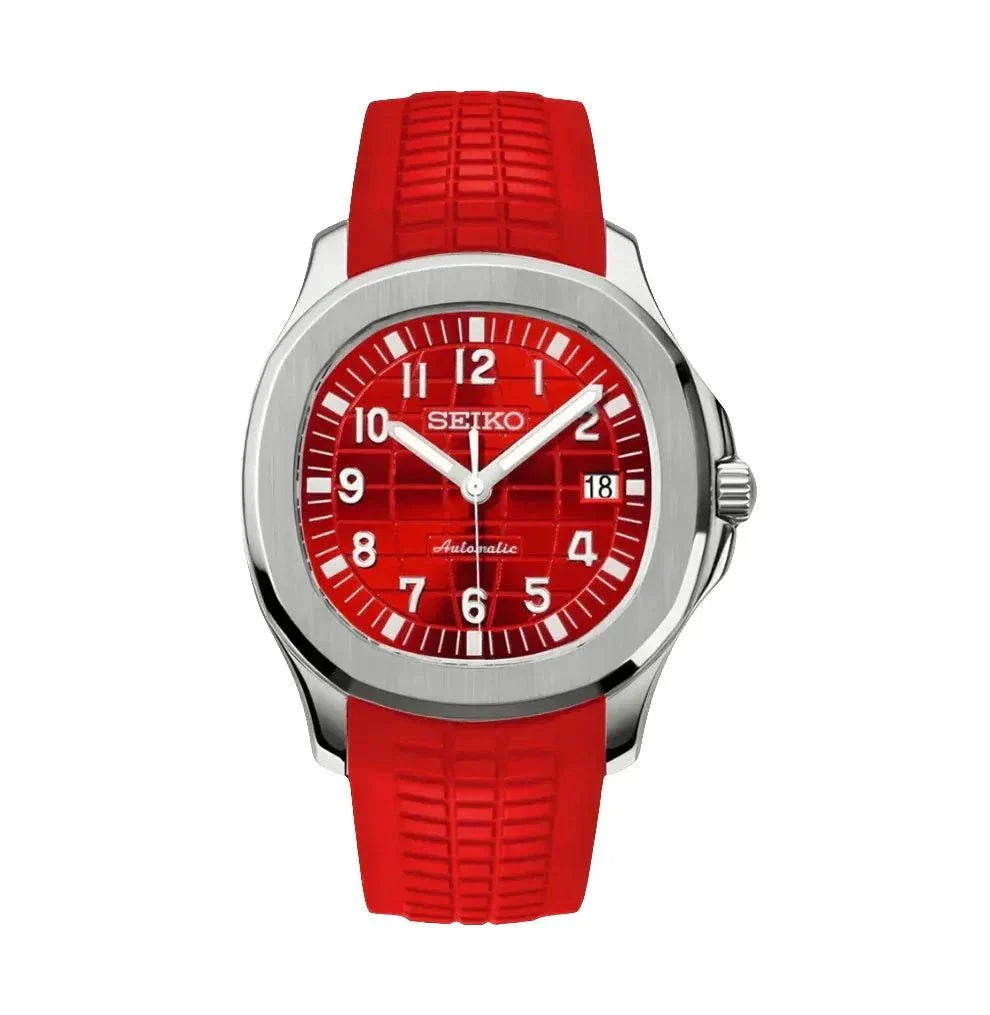 Aquanaut Watch Mod Red Edition with red dial and rubber strap, Seiko NH35 automatic movement, stainless steel case, and scratch-resistant sapphire glass