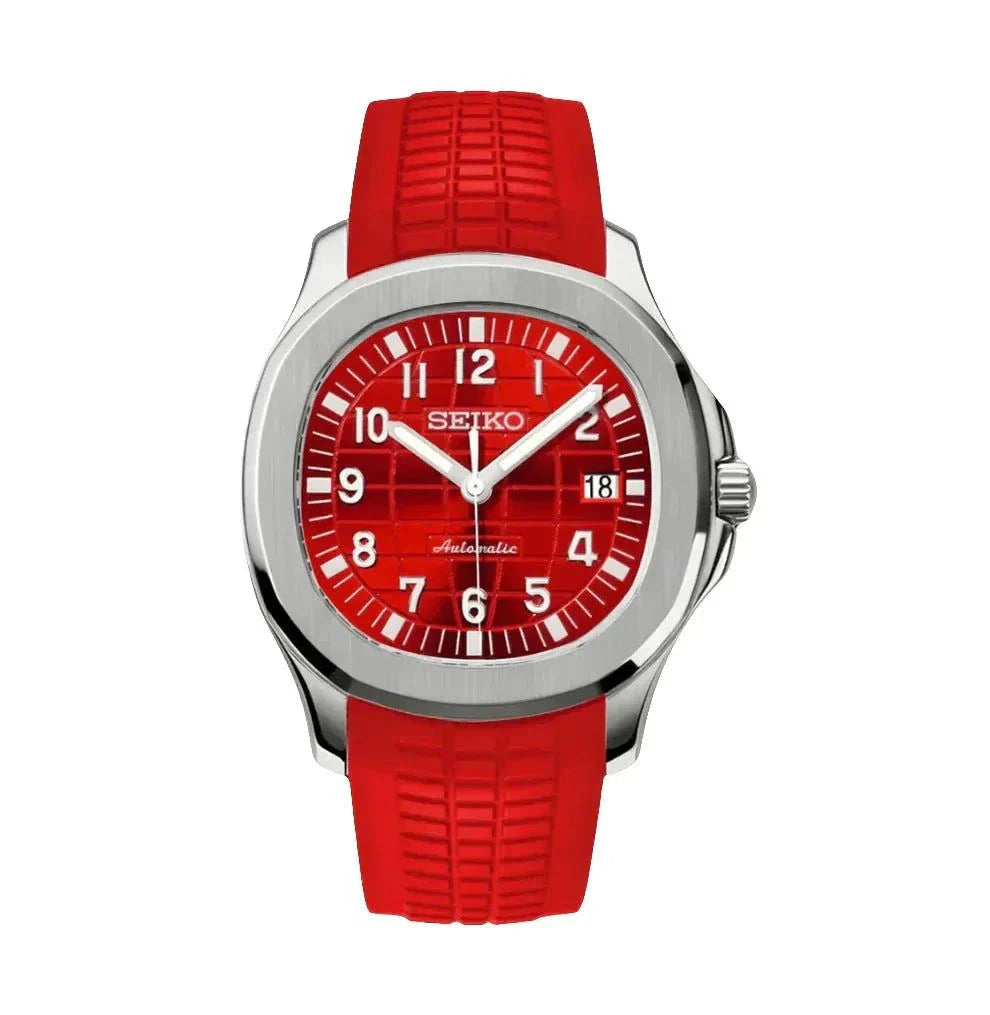 Aquanaut Watch Mod Red Edition with red dial and rubber strap, Seiko NH35 automatic movement, stainless steel case, and sapphire crystal glass