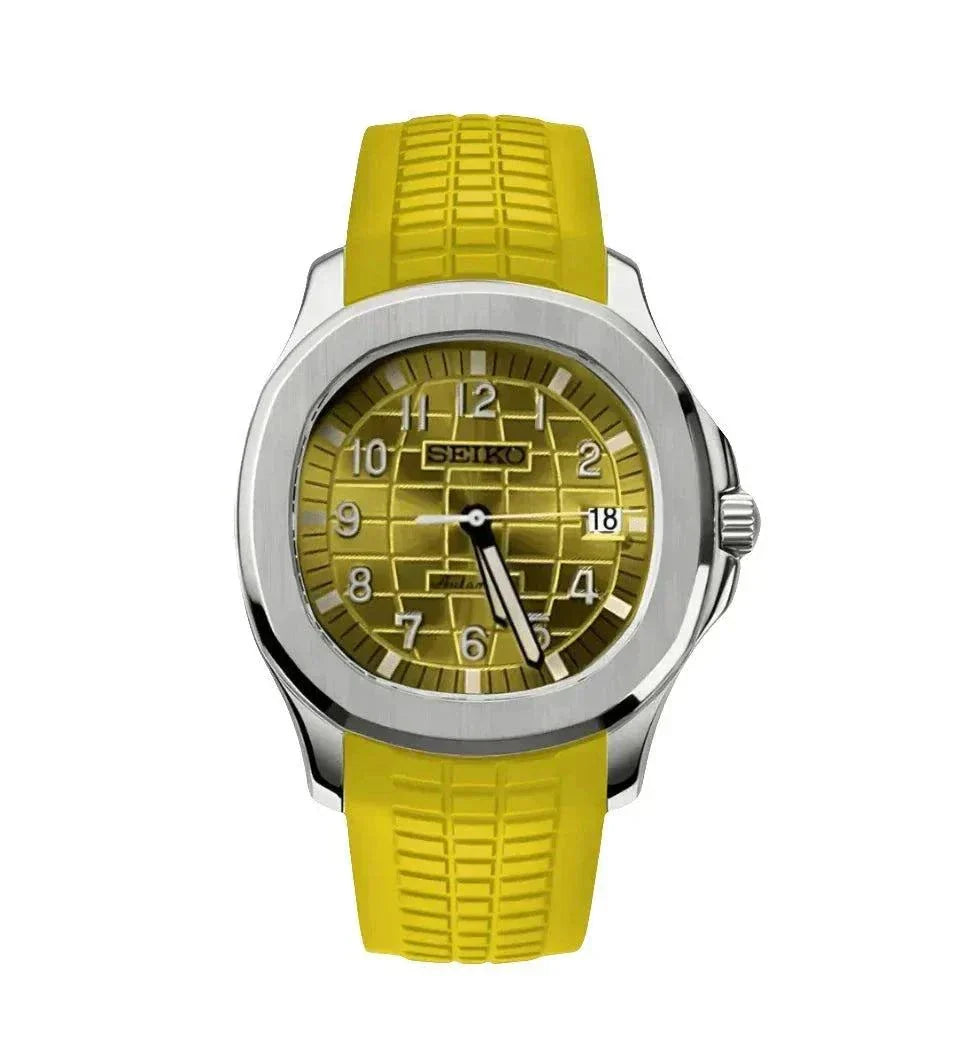 Aquanaut Watch Mod Yellow Edition dive watch with yellow rubber strap and stainless steel case