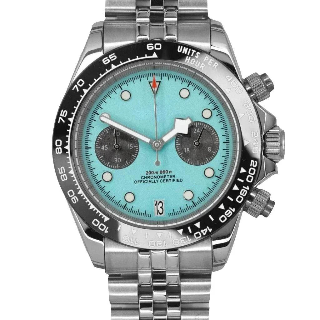 Black Bay Chrono watch with cabana blue dial and stainless steel bracelet