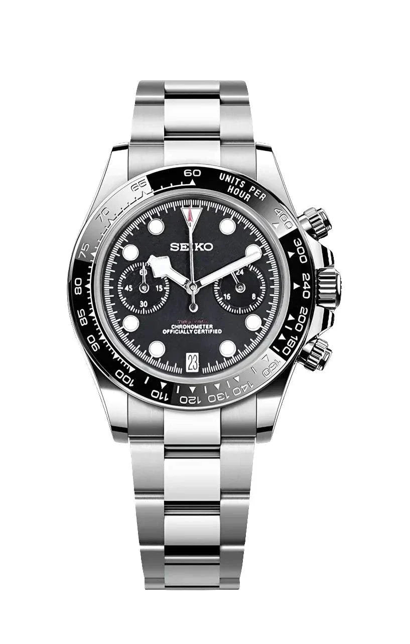 Black Bay Chrono black edition watch with stainless steel case and bracelet, ceramic bezel, and chronograph function