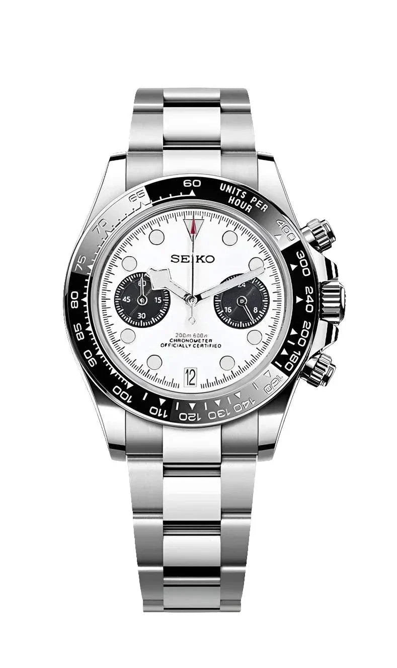 Black Bay Chrono Watch with panda dial, stainless steel case, ceramic bezel, and chronograph function