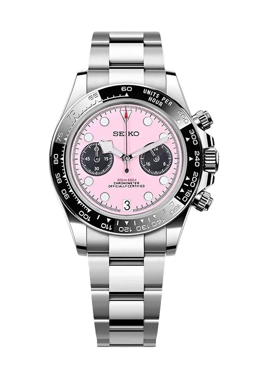 Black Bay Chrono watch with pink dial and black sub dials, stainless steel case and bracelet, ceramic bezel, and chronograph features