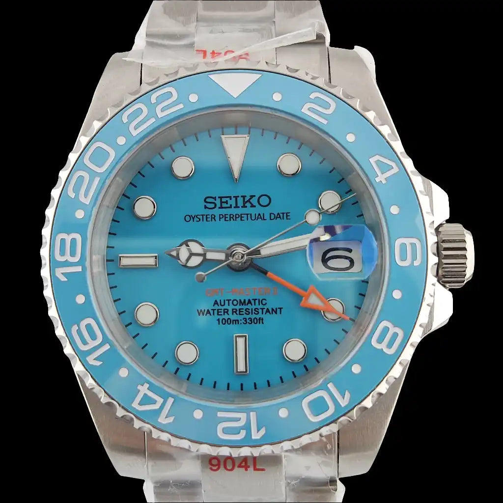 Blue-faced Seiko Oyster Perpetual Date watch.