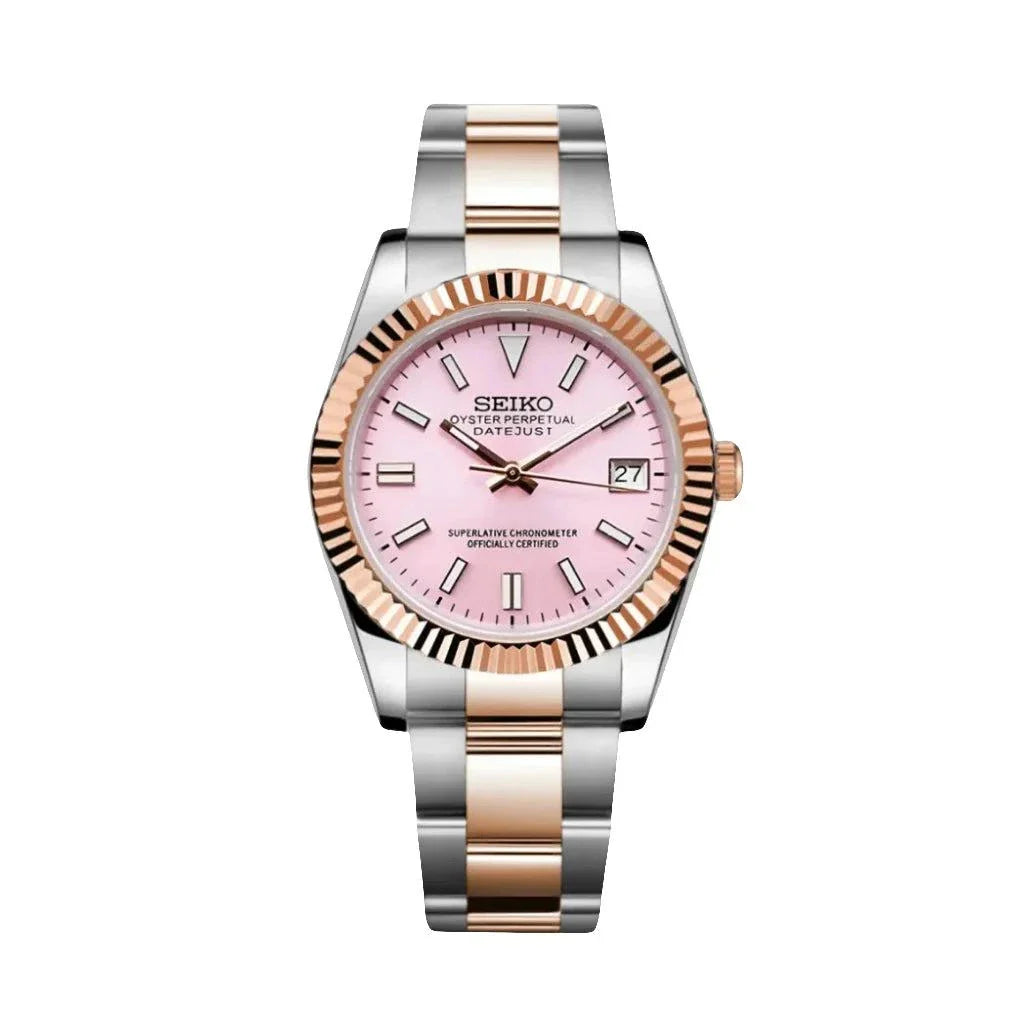 Seiko Mod Datejust ladies watch with baby pink dial and two-tone stainless steel bracelet