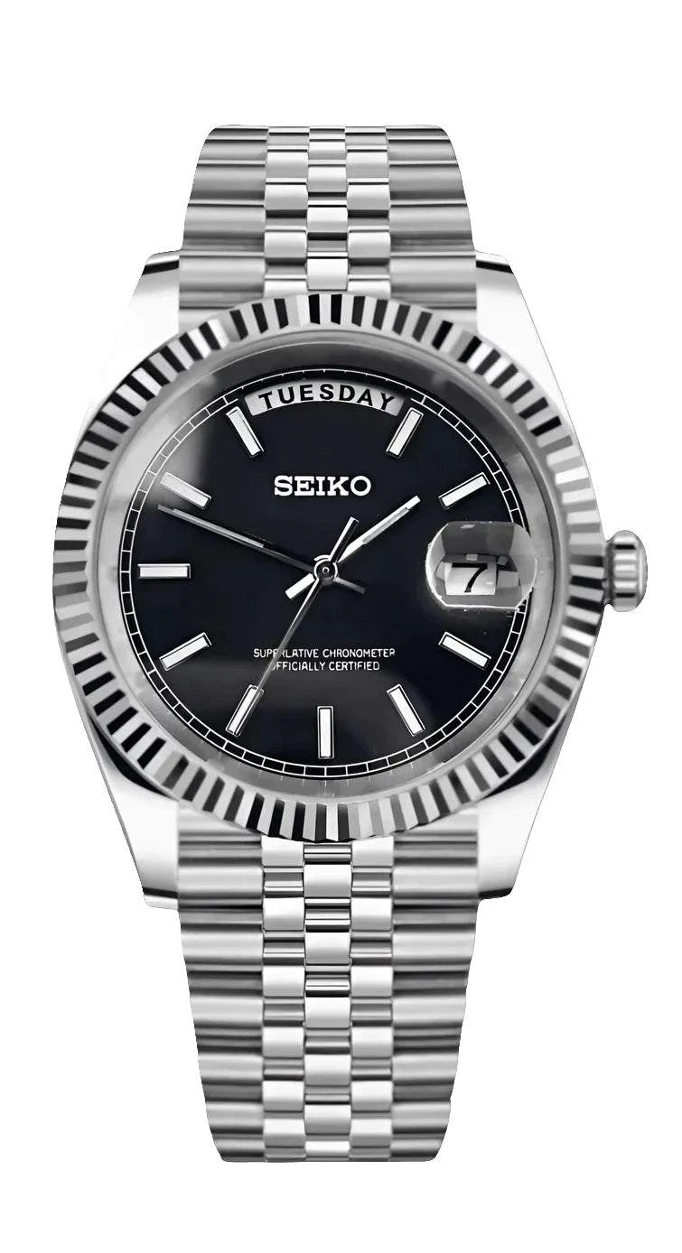 Day Date Watch Mod Black Edition with stainless steel bracelet and sapphire glass displaying day and date