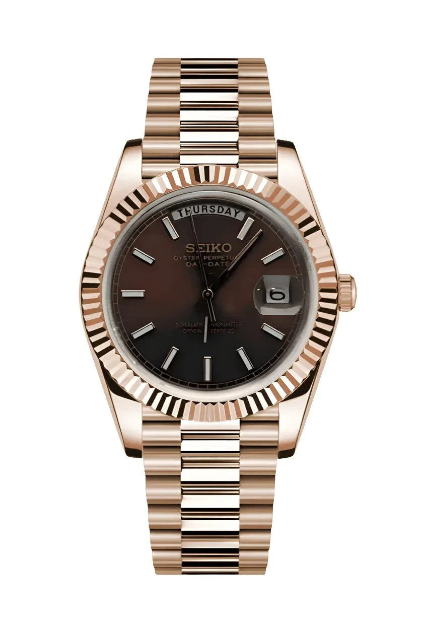 Day Date Watch Mod Chocolate Rose Edition with rose gold stainless steel bracelet and day-date display
