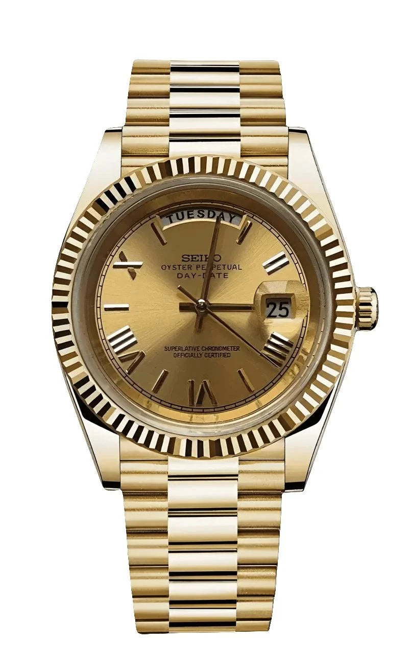 gold Day Date Watch with automatic Miyota movement and stainless steel bracelet