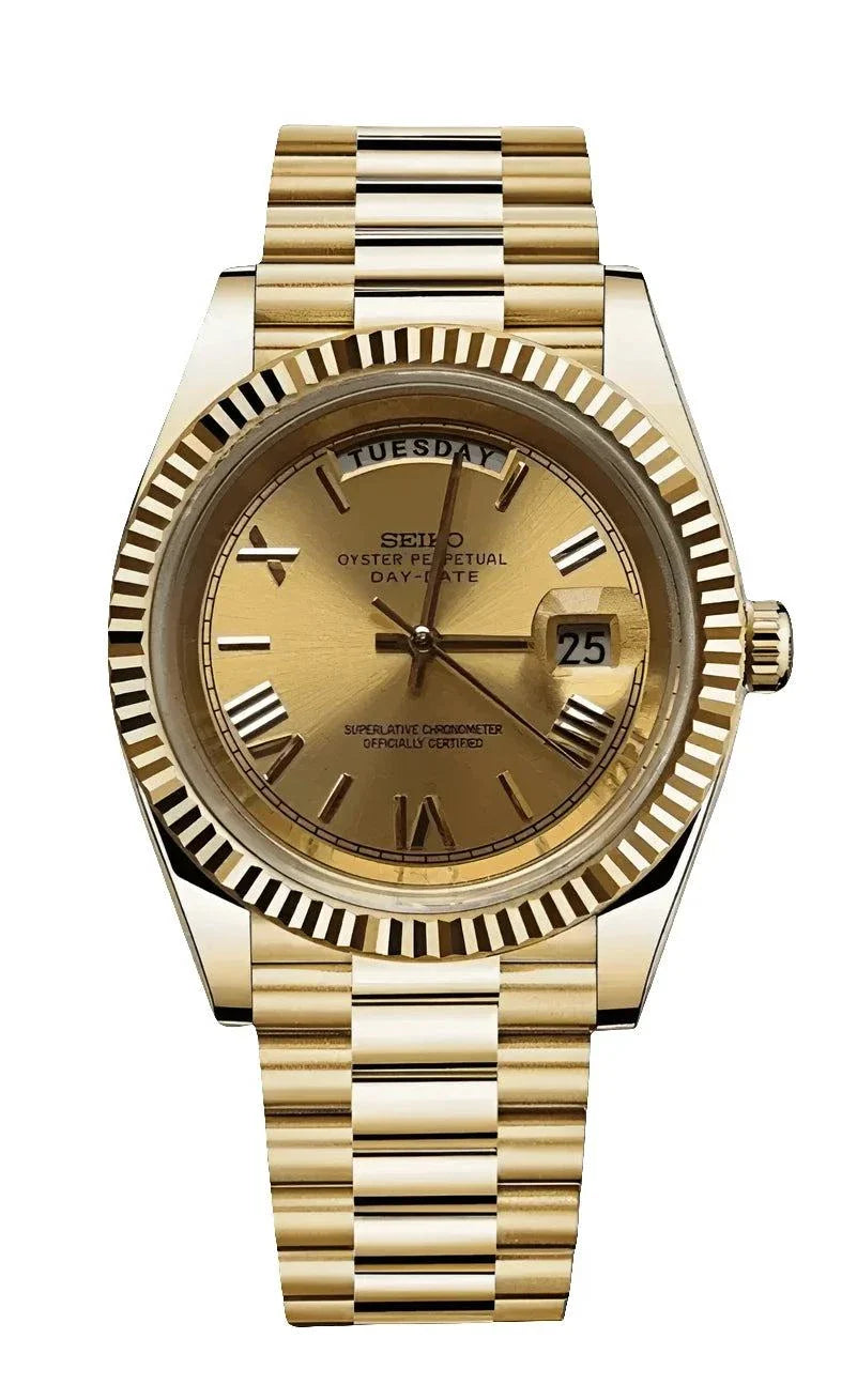 Gold Day Date Watch with automatic Miyota movement and sapphire crystal glass