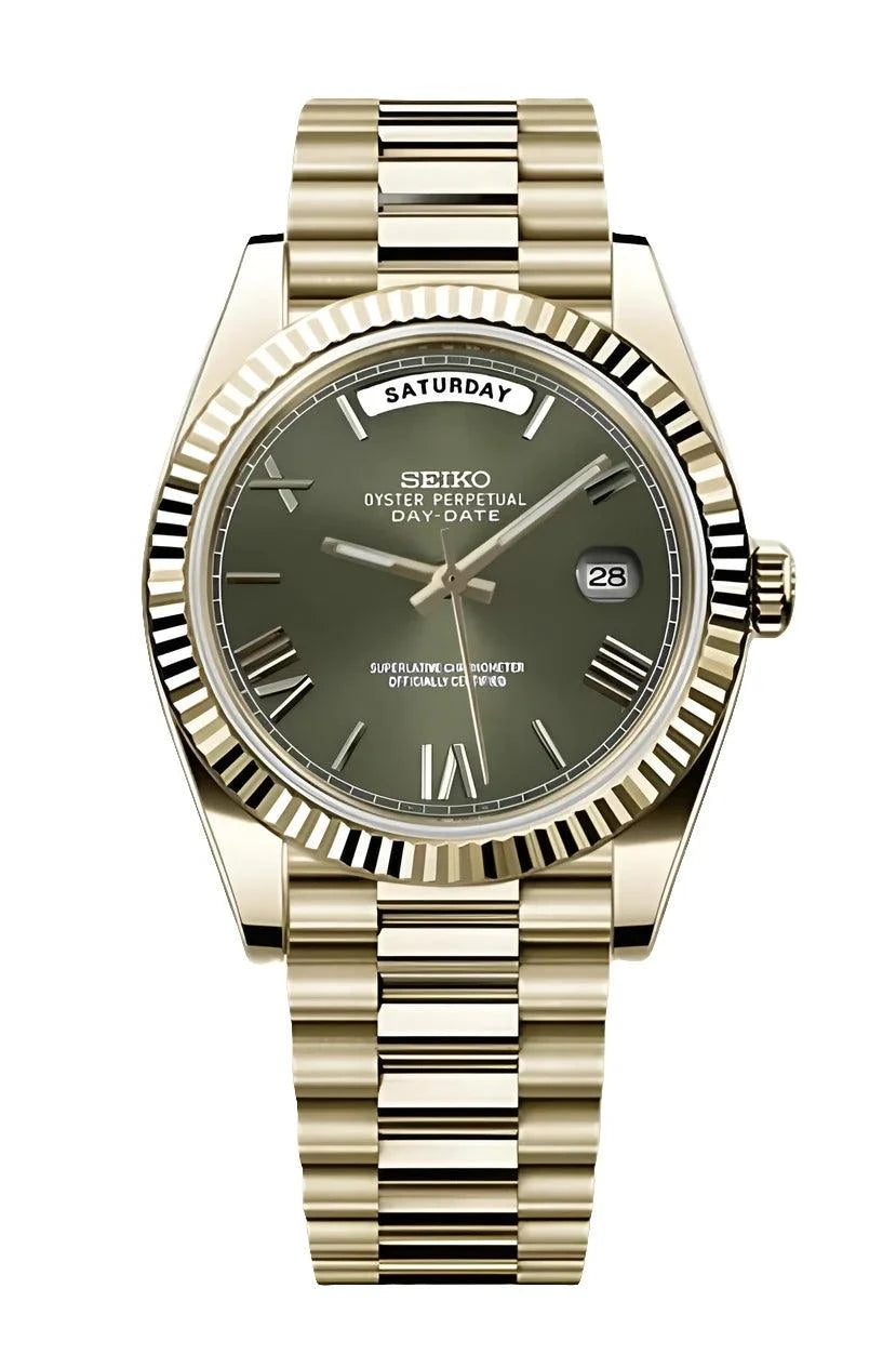 Gold and green Day Date Watch with stainless steel bracelet and sapphire crystal glass