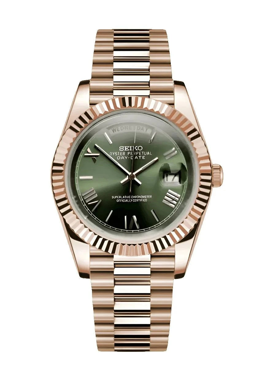Day Date Watch with mint rose dial, stainless steel bracelet, and sapphire crystal