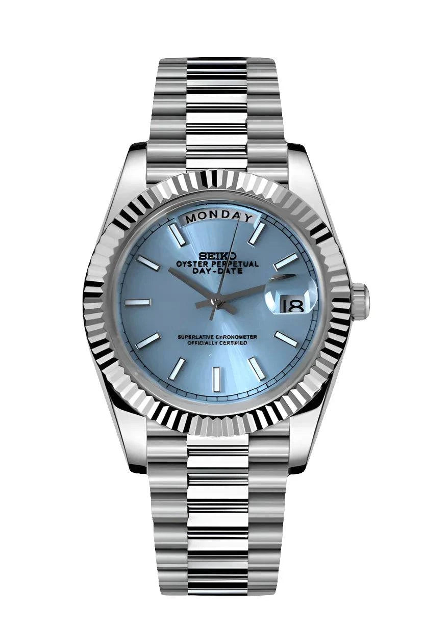Day Date Watch Mod Tiffany Edition with blue dial and stainless steel bracelet