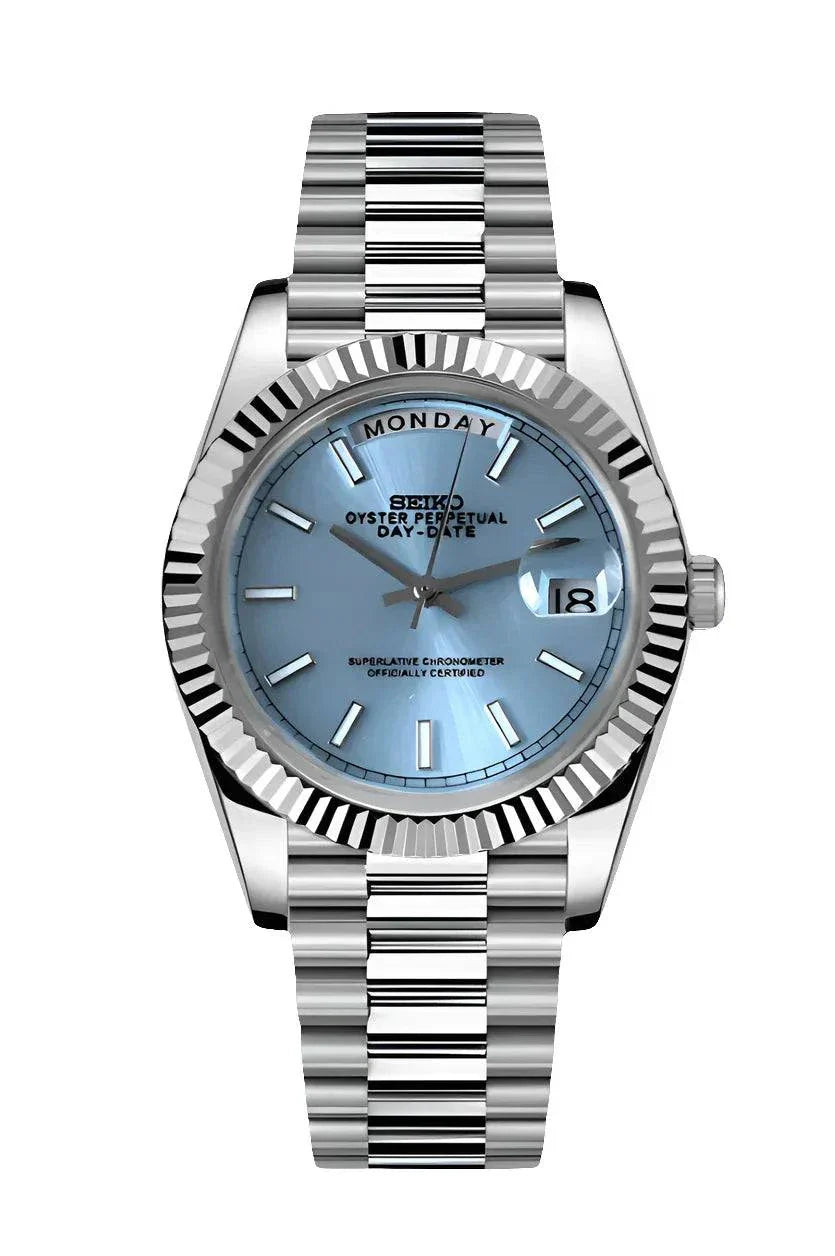 Day date watch with Tiffany blue dial, stainless steel case and bracelet, sapphire crystal, automatic movement and day-date display