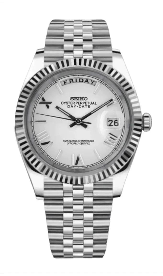 Silver stainless steel Day Date Watch with white dial, automatic movement, day and date display, and fluted bezel