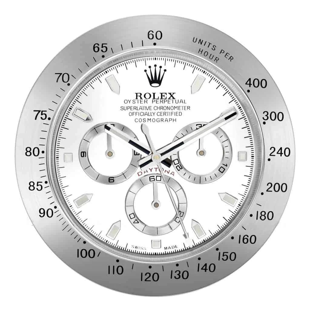 Wall Clock Daytona Silver Edition with circular stainless steel body and sapphire glass, featuring luminous UV markings and silent quartz movement