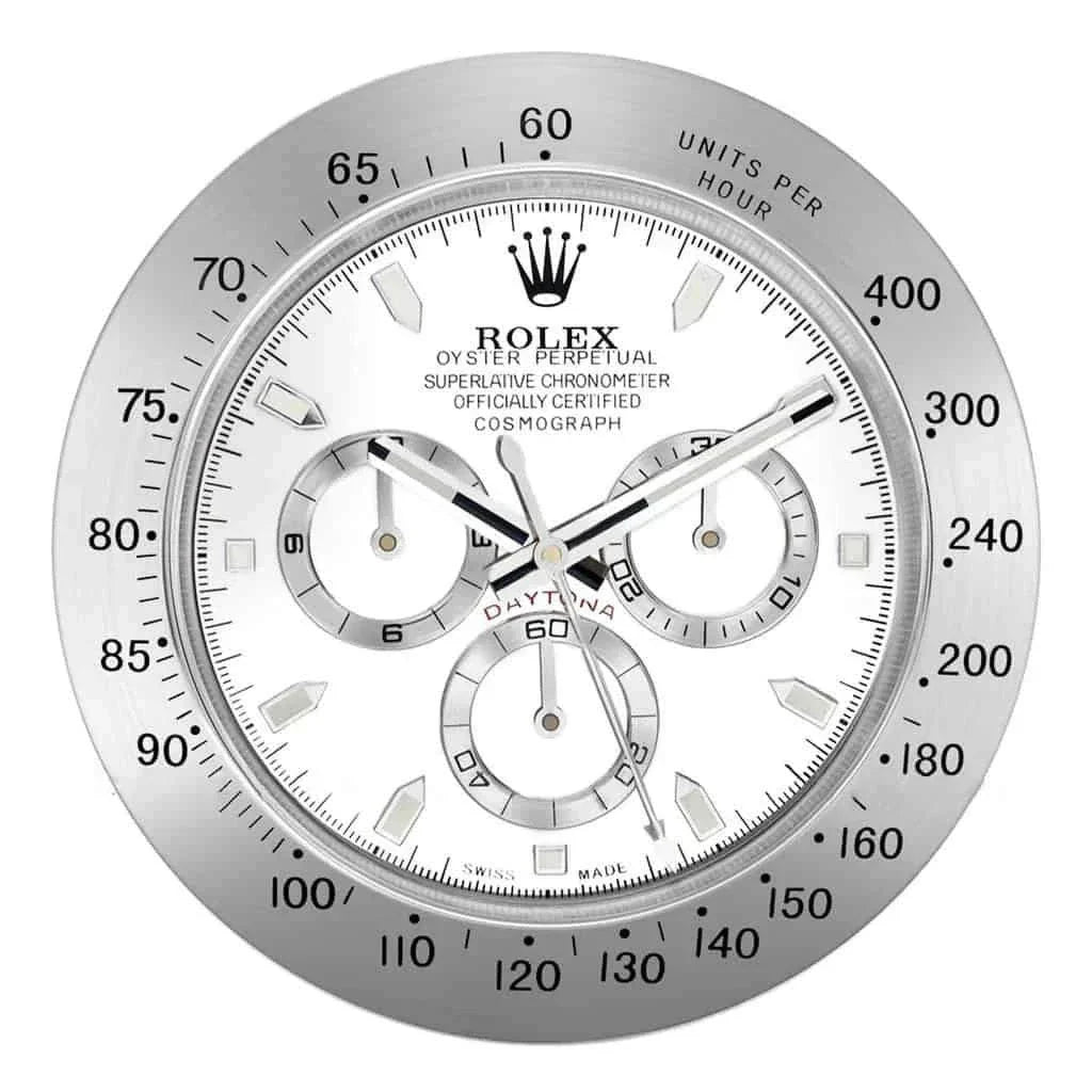 Wall Clock Daytona Silver Edition with stainless steel body and luminous markings, circular design, and silent quartz movement