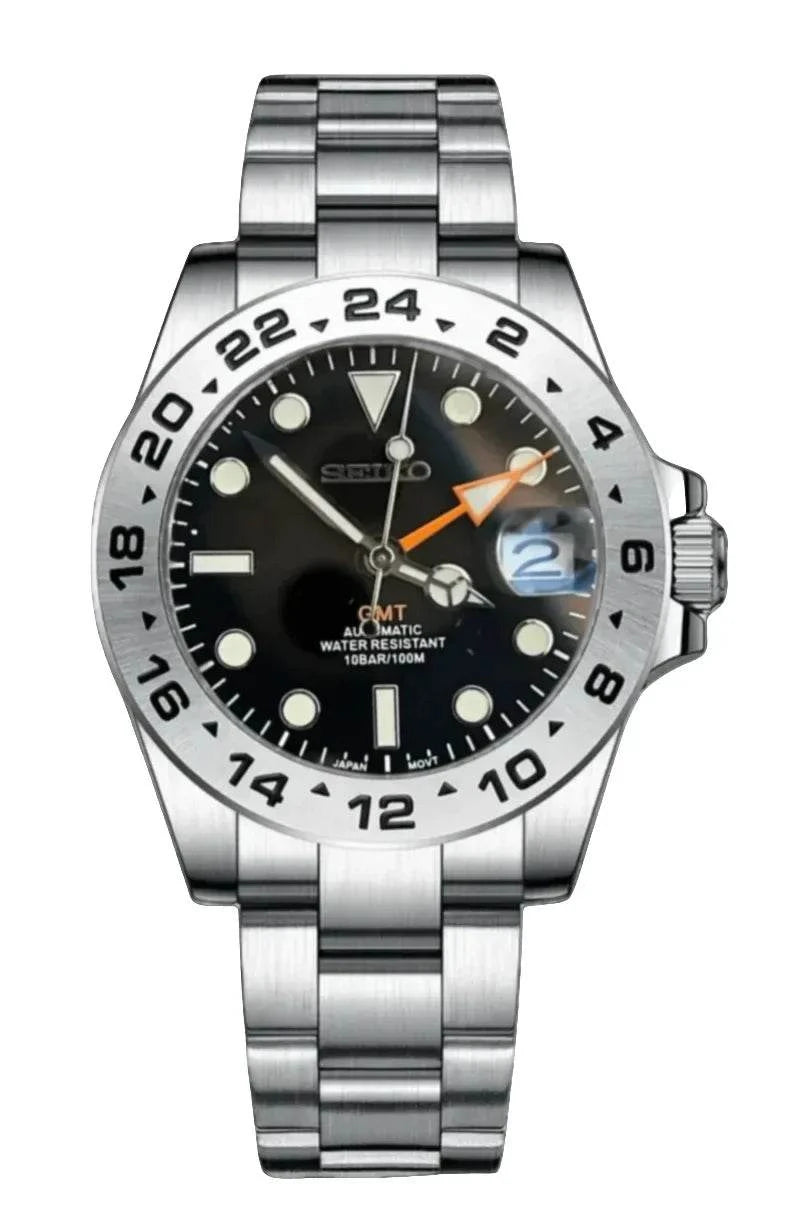 Explorer Watch Mod Black Edition with 40mm stainless steel case, black dial, sapphire crystal, and 50m water resistance.