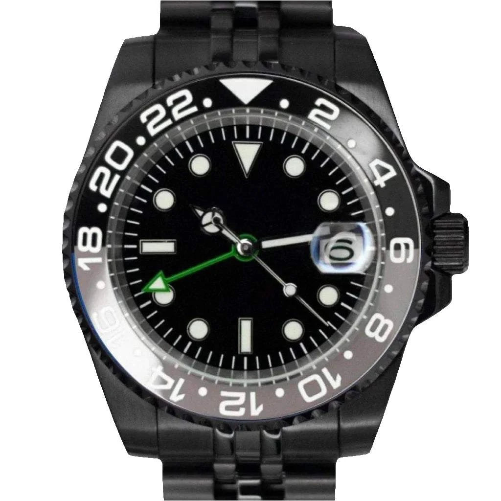 Black Gmt Watch Mod with dual time zone, ceramic bezel, stainless steel bracelet, and sapphire crystal