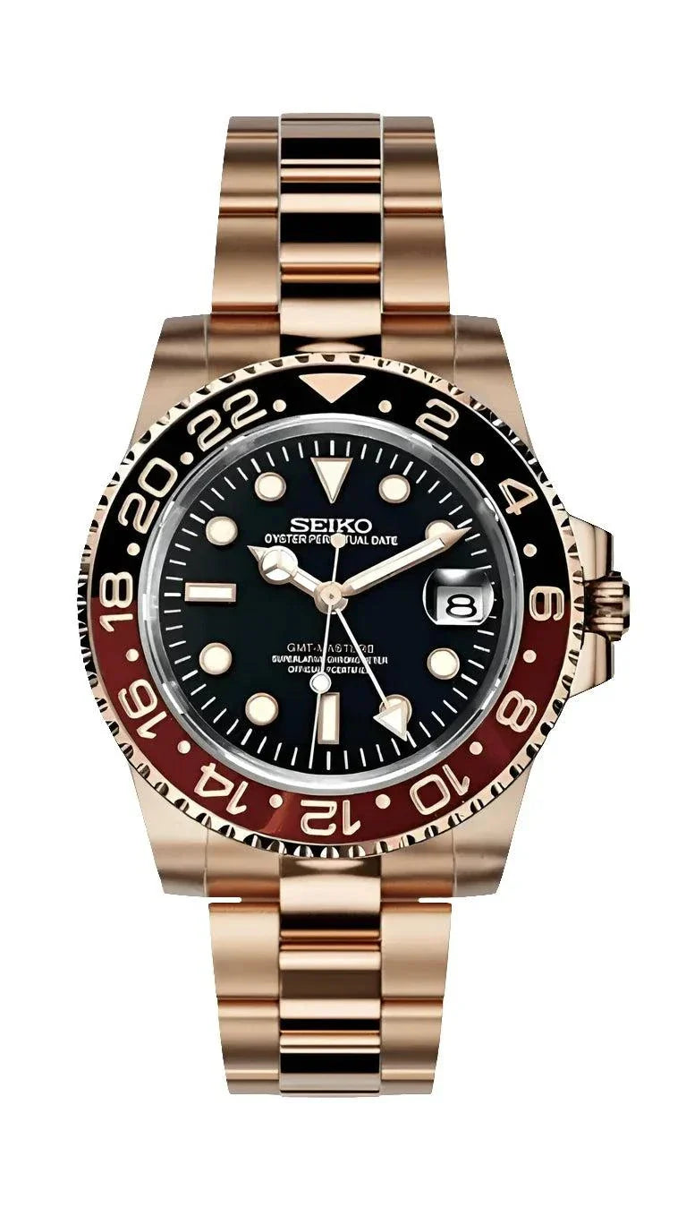SEIKO MOD GMT Rose Root Beer Edition watch with 40mm case, black and brown ceramic bezel, gold stainless steel bracelet, and GMT dual time zone function