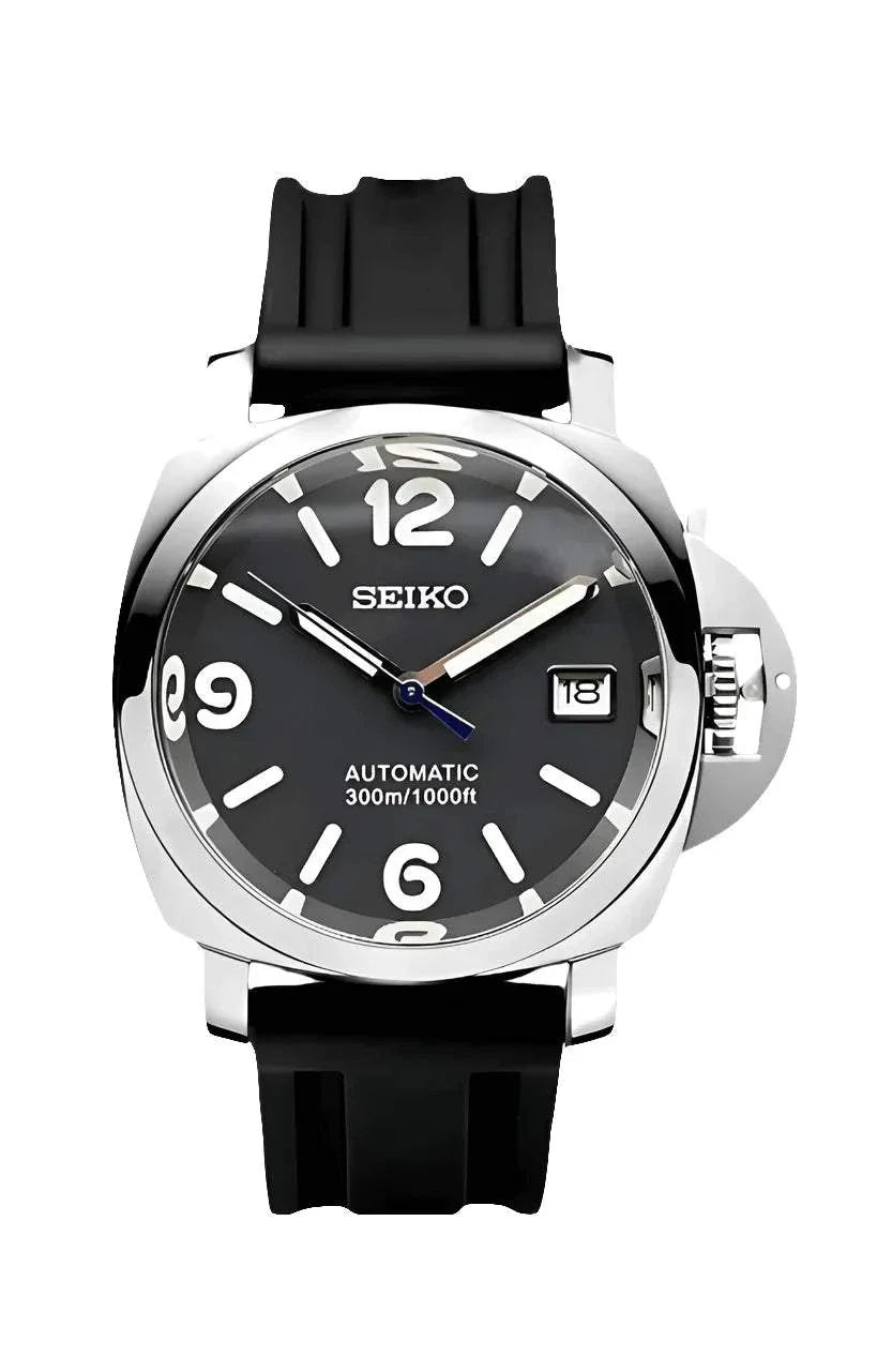 Seiko Luminor Watch Mod Black Edition with automatic movement and black rubber strap