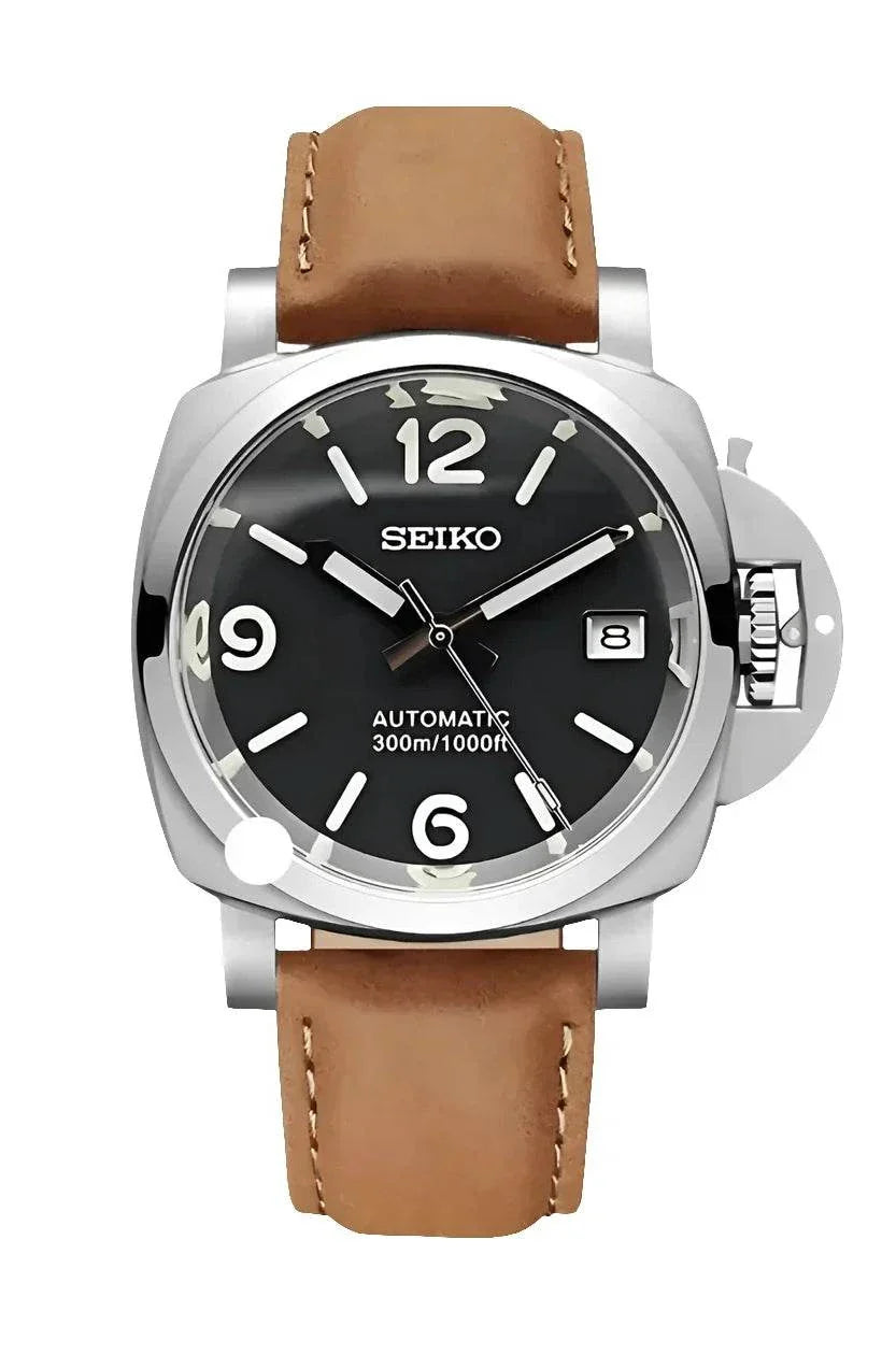 Luminor Watch Mod Brown Edition with Seiko NH35 automatic movement, brown leather strap, sapphire crystal glass, and stainless steel case