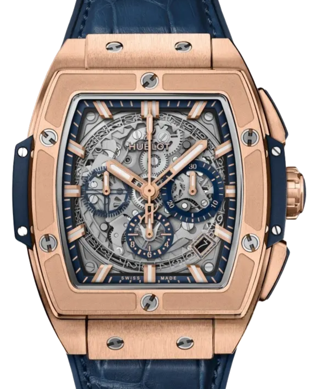 Hublot Spirit Of Big Bang King Gold skeleton dial watch with blue strap and chronograph functions