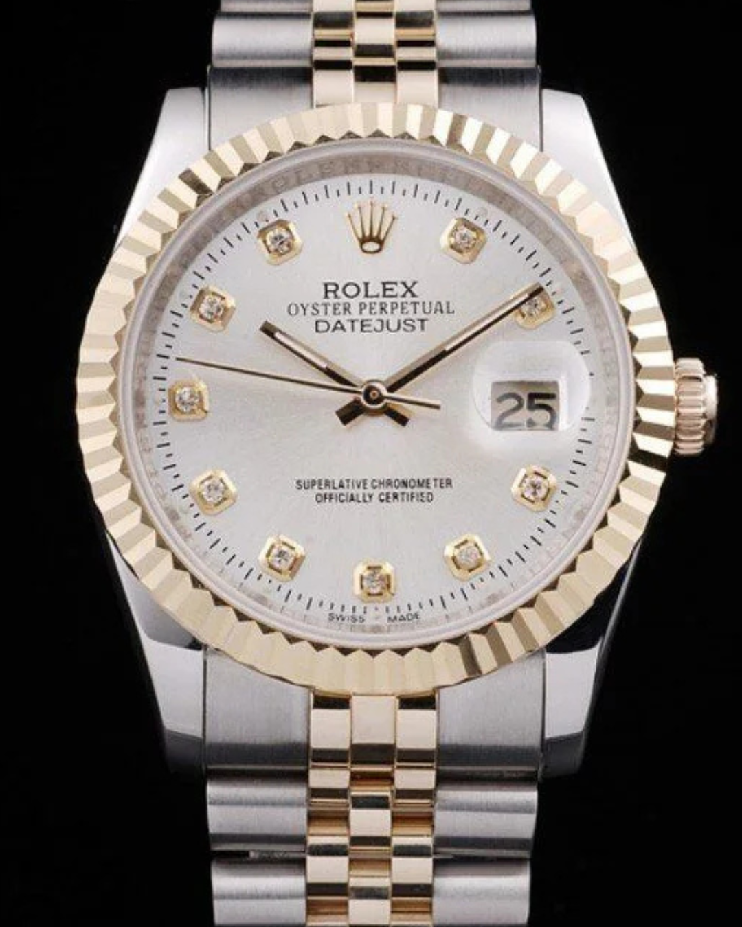 Two tone Datejust Watch with diamond markers and fluted bezel on metal bracelet