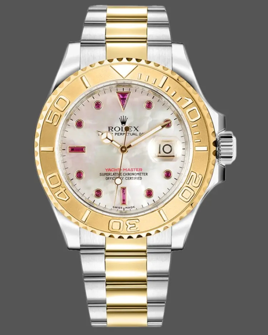 Rolex Yachtmaster 40mm two-tone yellow gold and stainless steel watch with white mother of pearl dial and ruby hour markers
