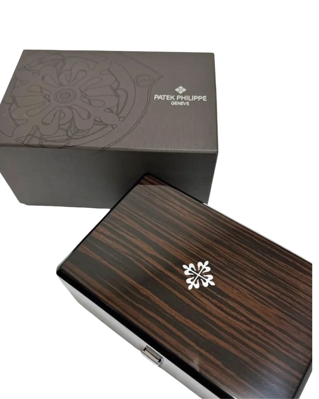 Patek Phillipe Premium Display Watch Box in dark wood with embossed logo and velvet interior lining