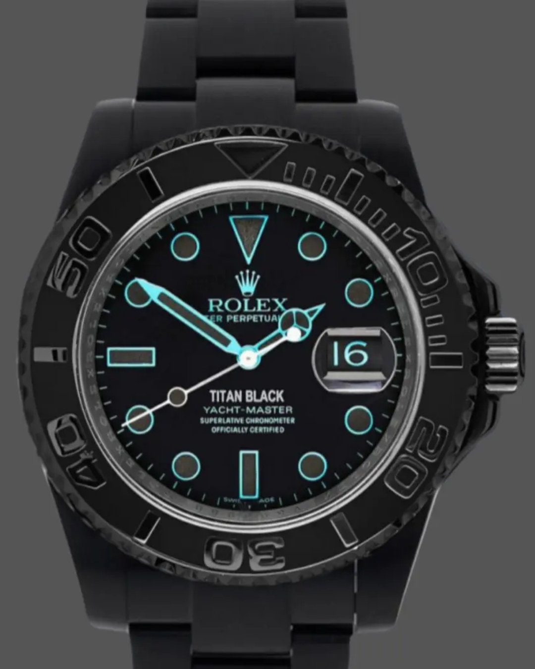 Rolex Yacht Master 40mm black PVD coated stainless steel watch with luminous blue markers and ceramic bezel