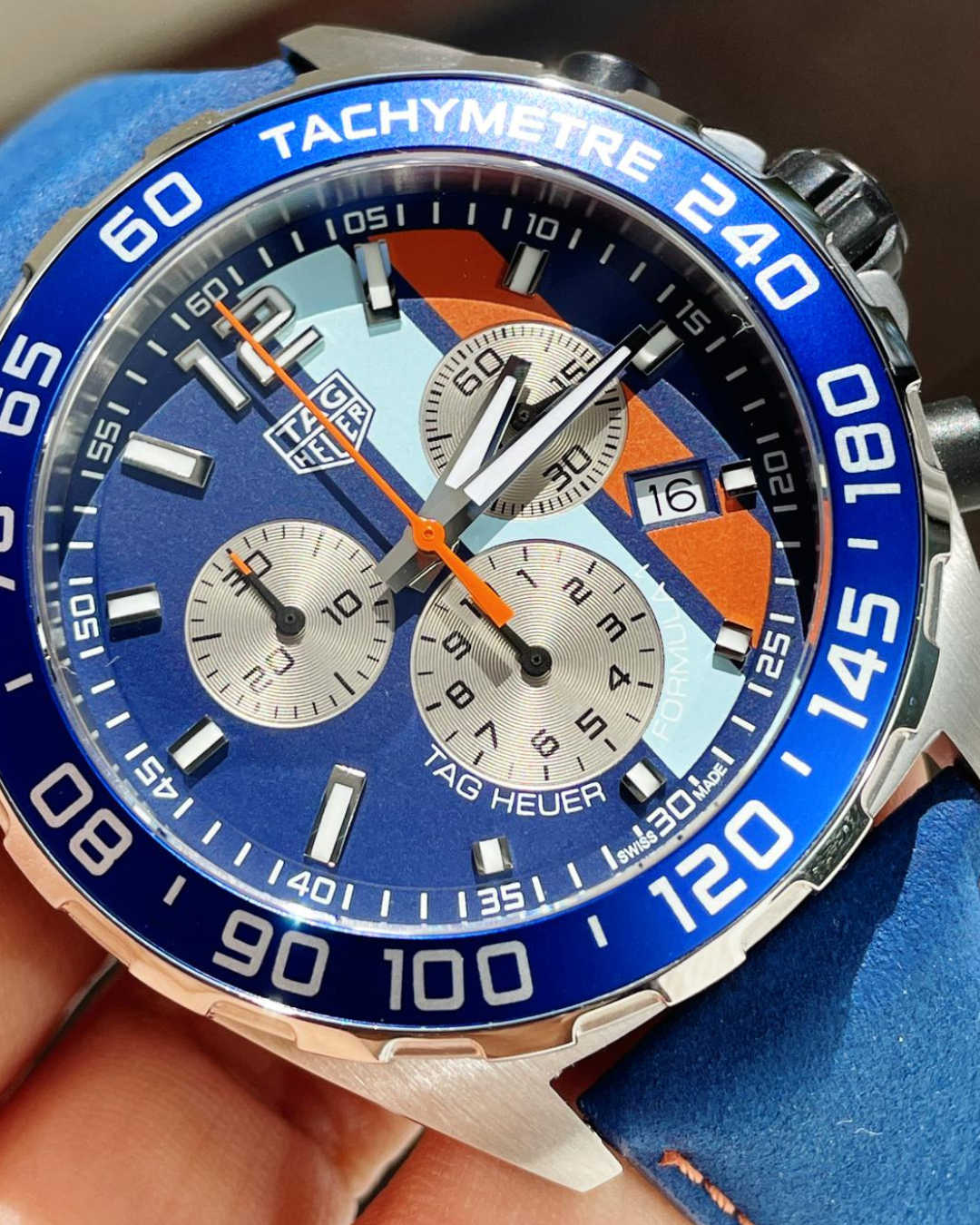 Tag Heuer Formula 1 43mm Gulf Super Watch Mod Blue with tachymeter bezel and blue dial