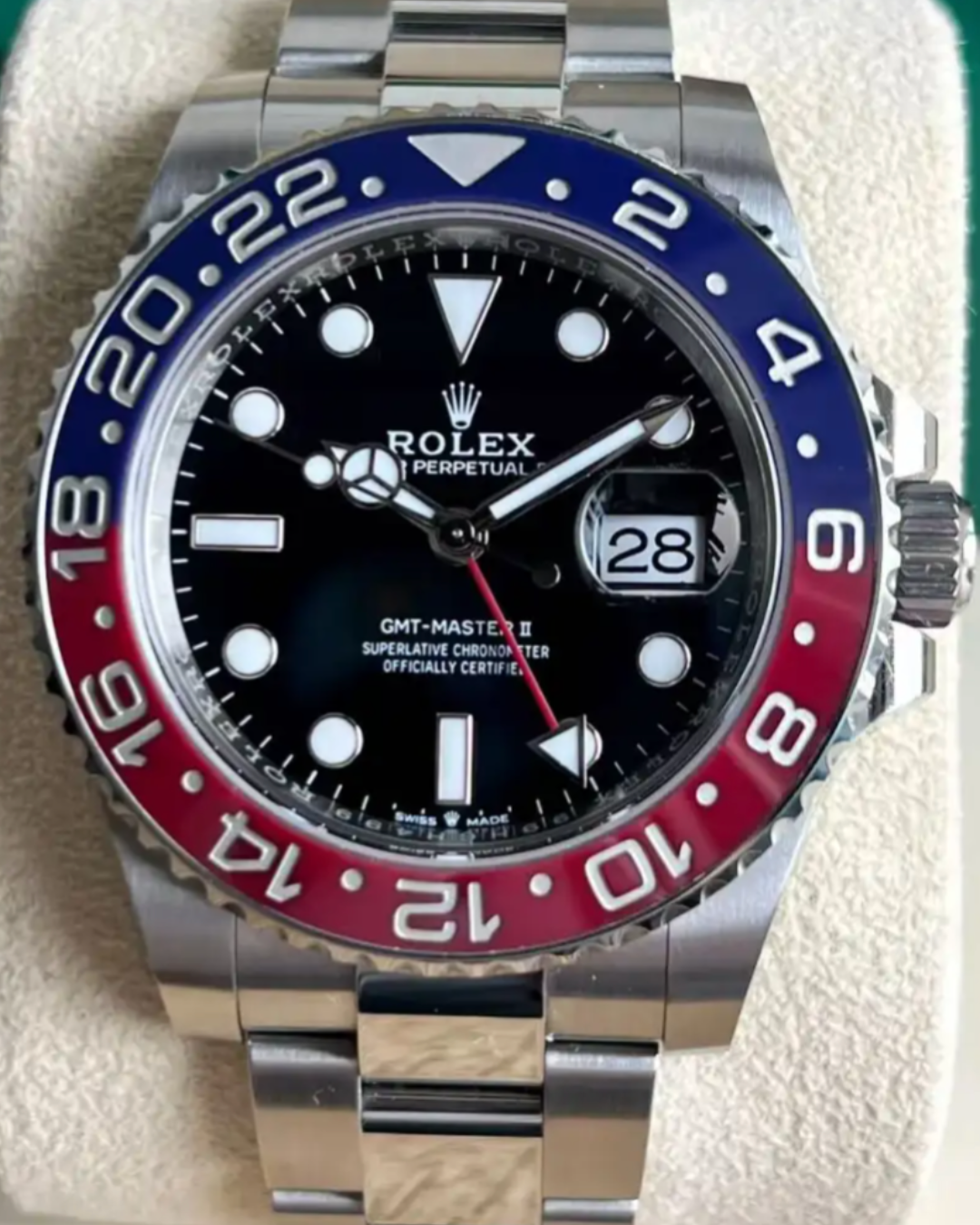 Rolex GMT Master 3285 watch with red and blue bezel, black dial, and stainless steel Jubilee bracelet