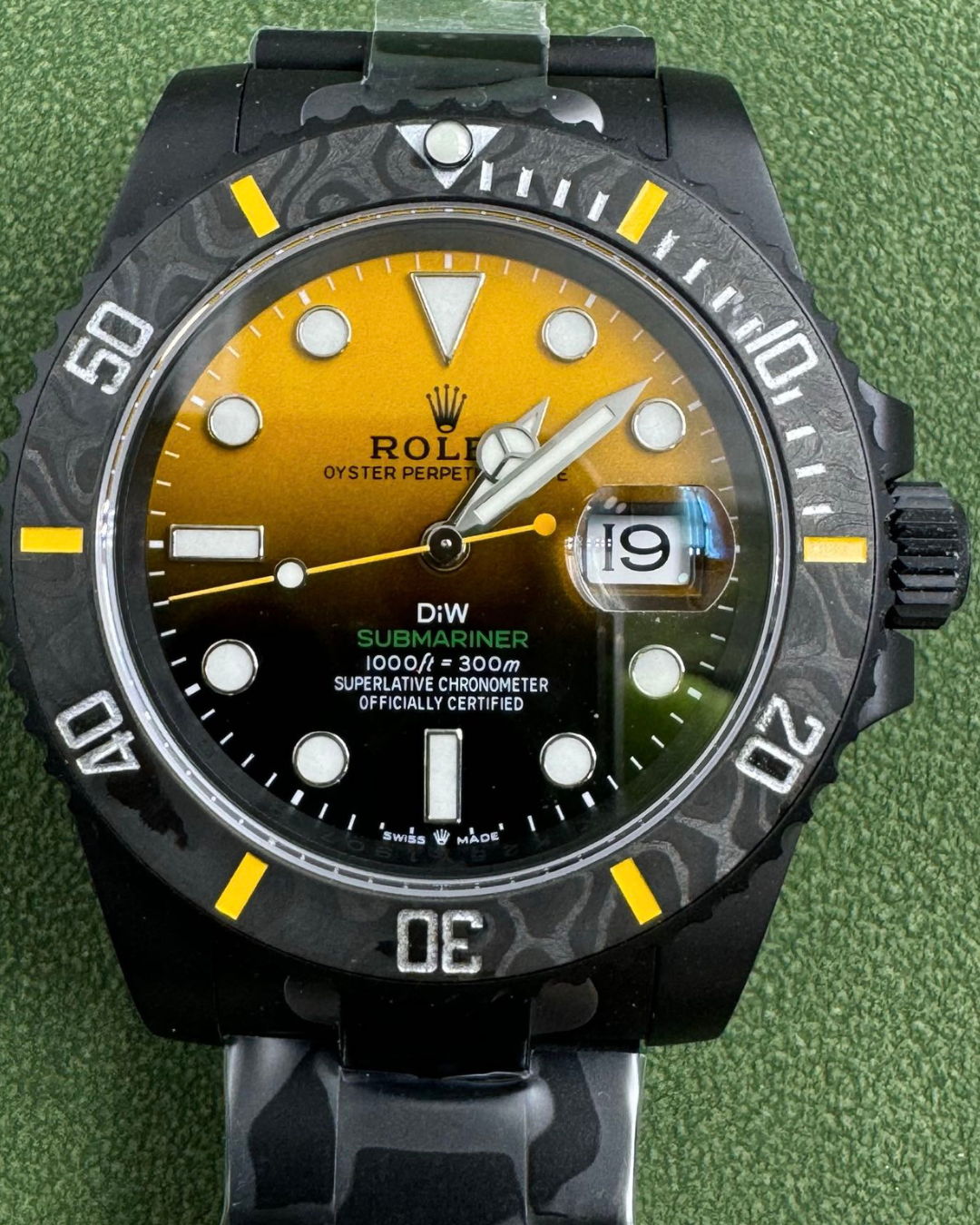 Rolex Submariner DIW Superclone black-yellow dial watch with DLC coated bezel and stainless steel bracelet