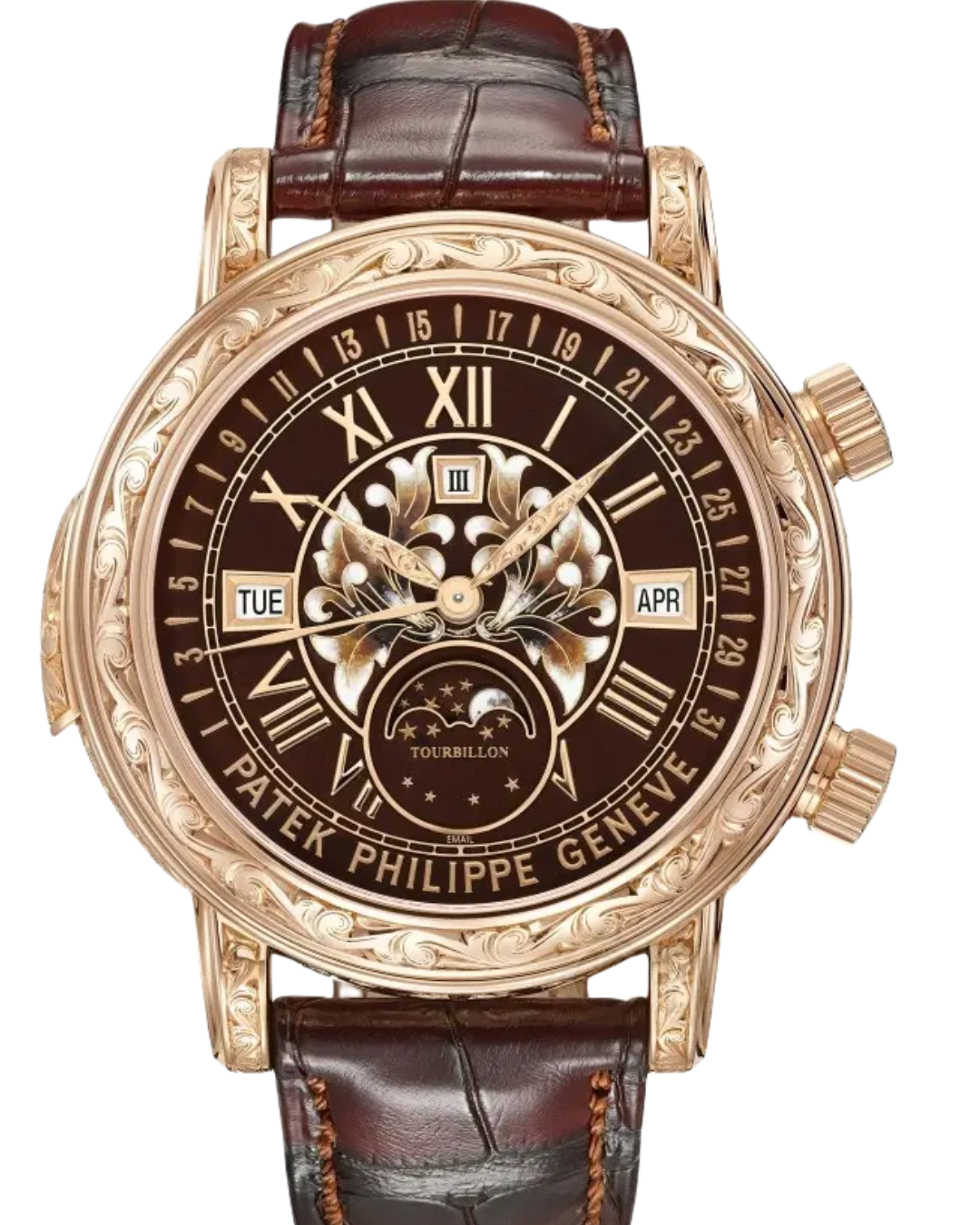 Patek Philippe Sky Moon Tourbillion rose gold watch with brown leather strap and intricate floral engravings