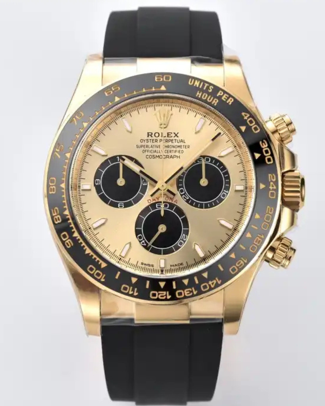 Daytona Super Watch gold chronograph with black bezel and black rubber strap
