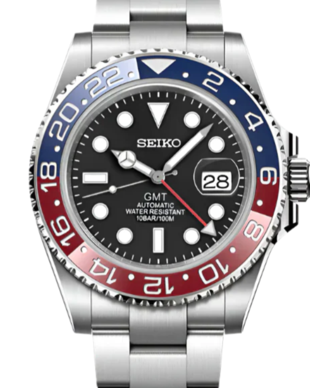 Seiko Custom Mod GMT watch with Pepsi bezel, stainless steel bracelet, and automatic movement