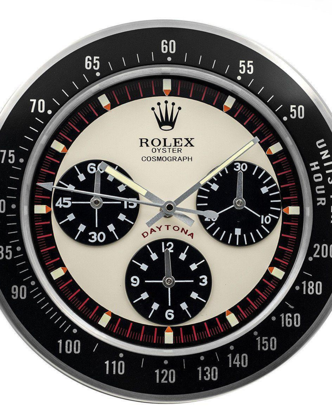 Wall Clock Daytona Paul Newman Edition with stainless steel frame and sapphire glass featuring luminous UV markings and silent quartz movement.