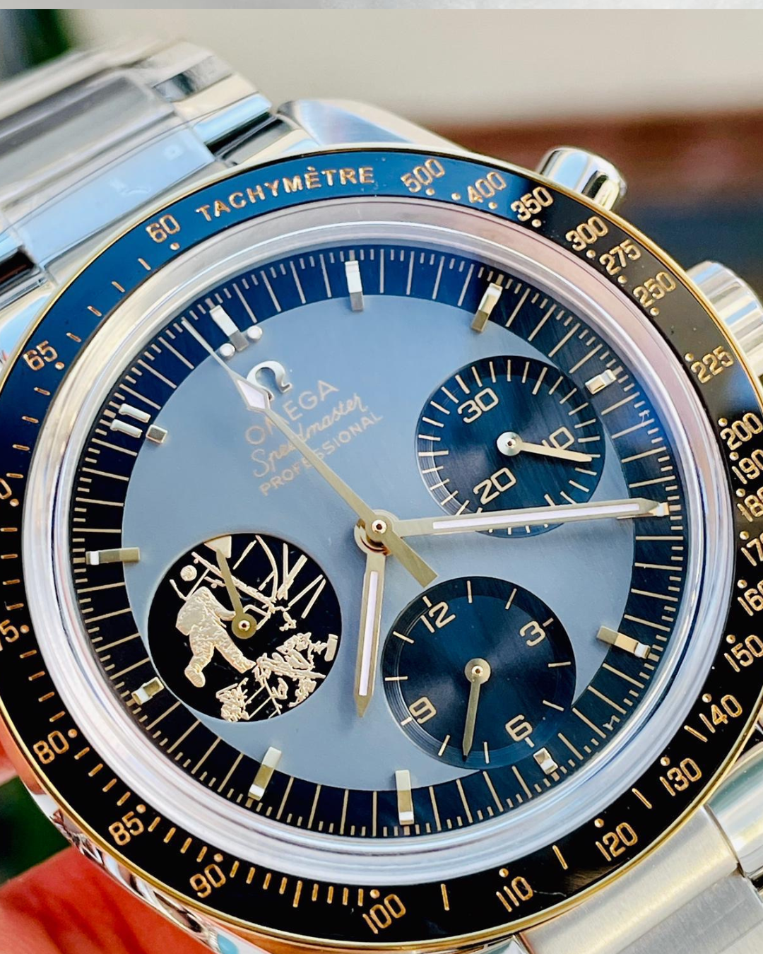 Close-up of Speedmaster Super Watch Mod Limited Edition 50th Apollo Moon with tachymeter and lunar landing design