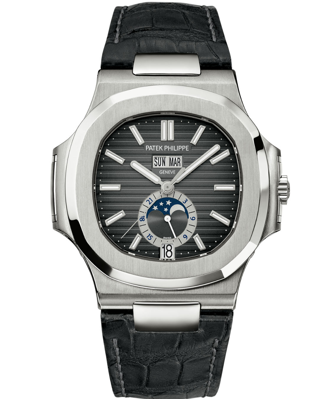 Nautilus Watch Mod black Philippe moon phase edition with 40mm stainless steel case and black alligator strap