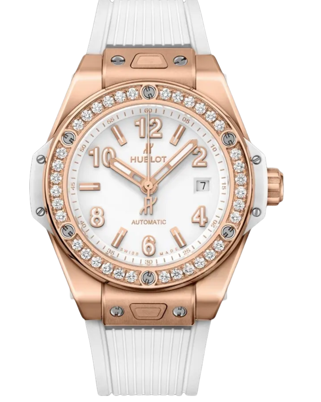 Hublot Big Bang luxury watch with white diamond bezel, king gold case, white dial, and white rubber strap