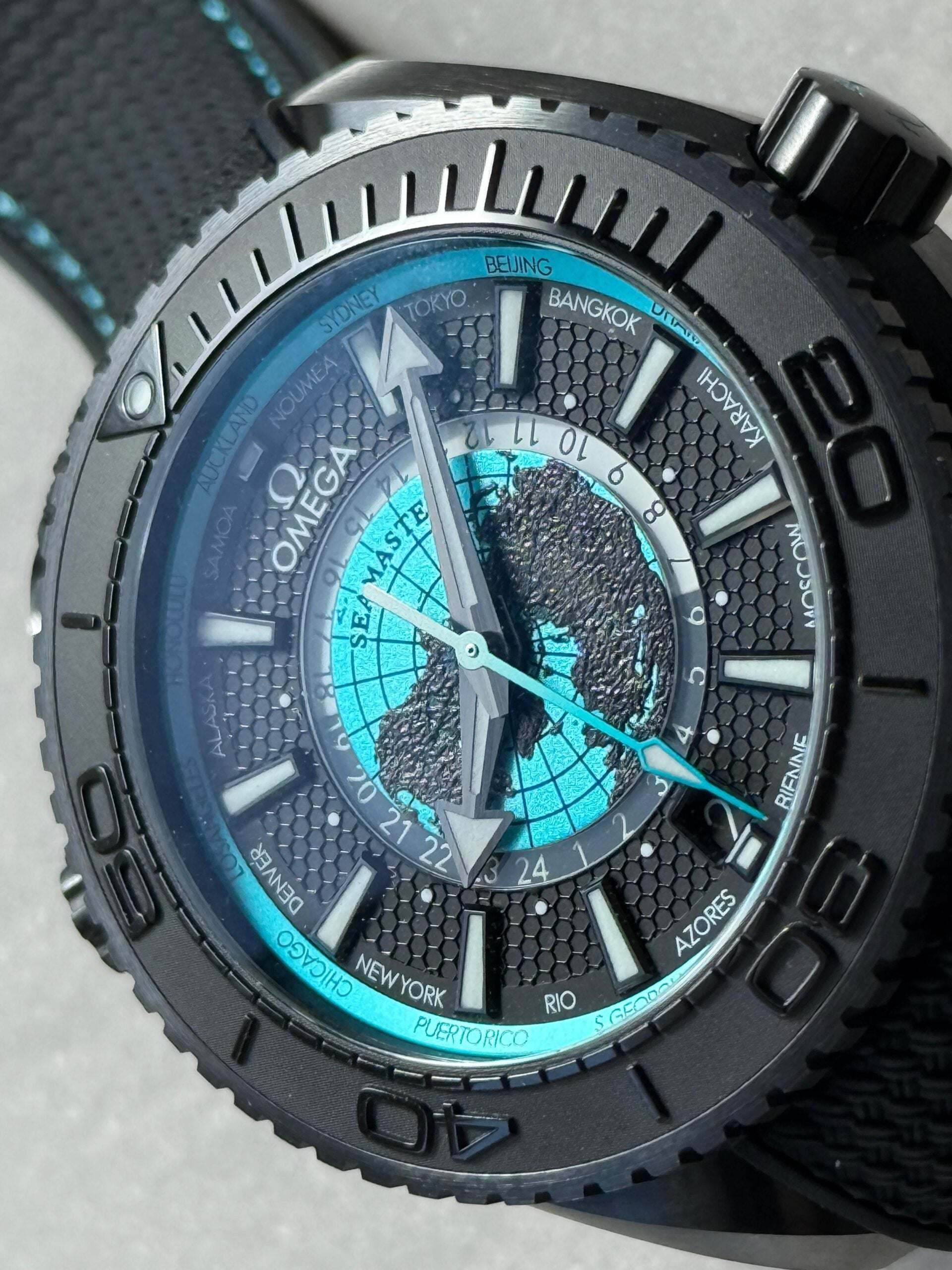 Omega Planet Ocean 45.5mm GMT World Timer Super Watch Mod Blue