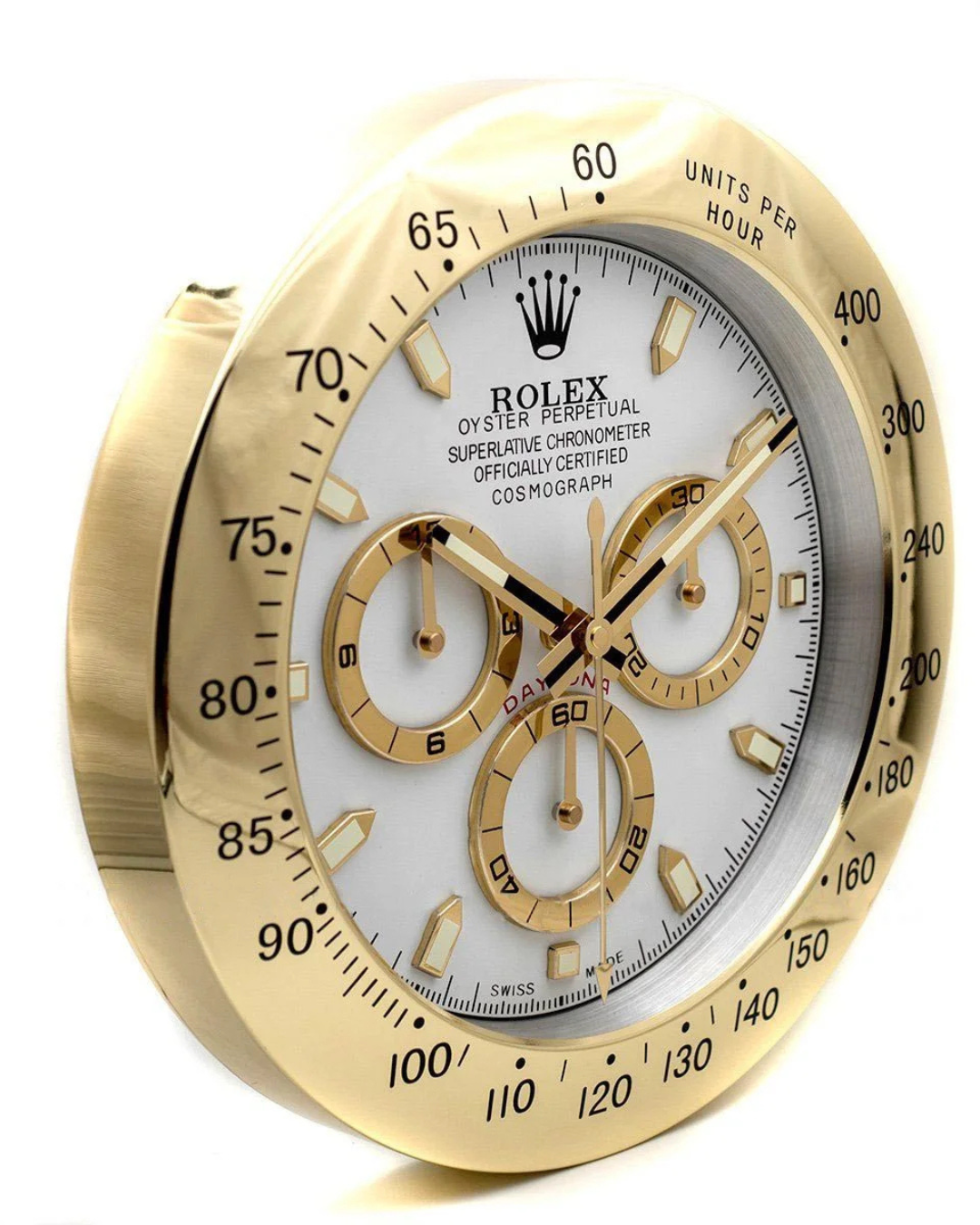 Wall Clock Daytona Gold Panda Edition with circular gold stainless steel frame and luminous markings