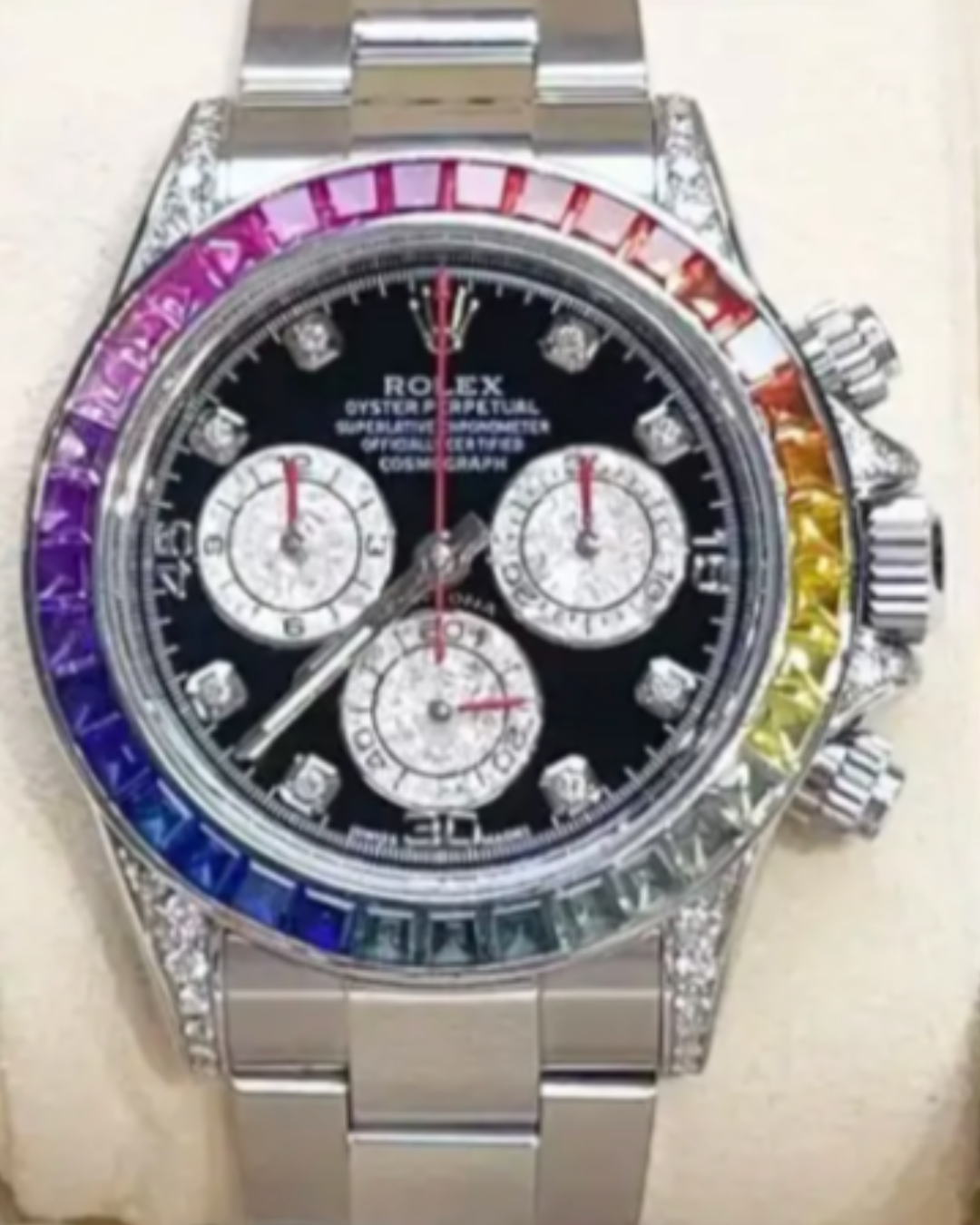 Daytona 40mm Super Watch with rainbow bezel and black dial luxury chronograph