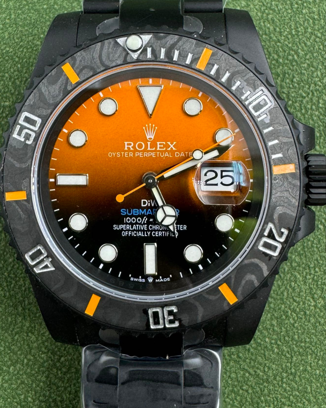 VS Submariner DIW black and orange DLC coated luxury watch with sapphire crystal and unidirectional bezel