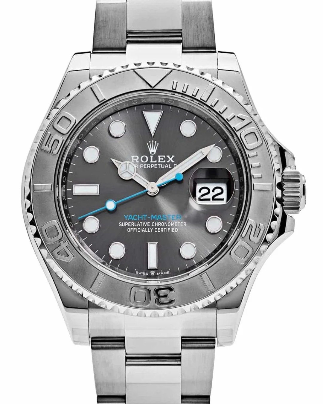 Yacht-Master Watch Mod Grey Crown Edition with stainless steel case and ceramic bezel, sapphire crystal, and rubber bracelet.