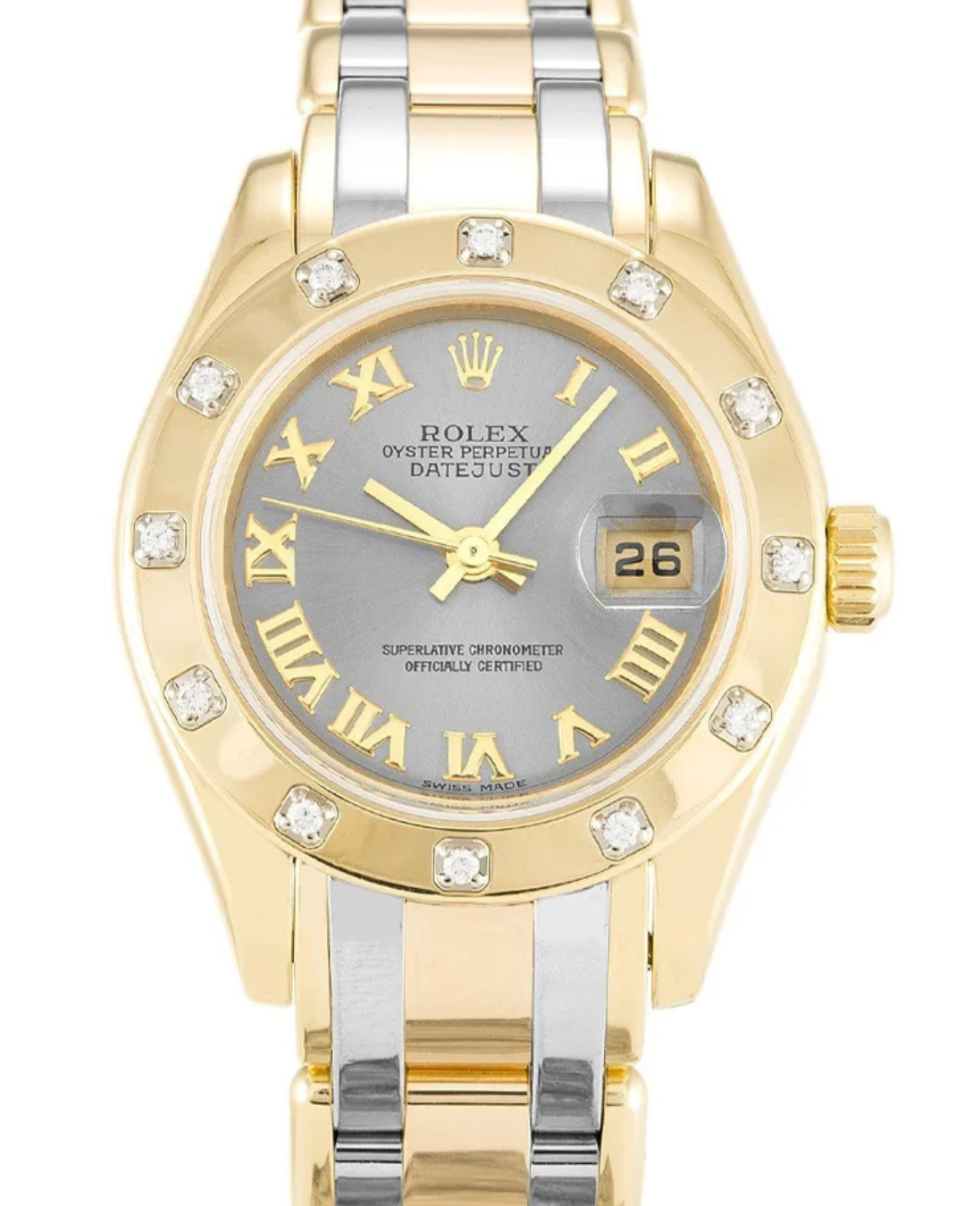 Pearl Master Watch with yellow gold and stainless steel, diamond bezel, rhodium dial, and sapphire crystal glass